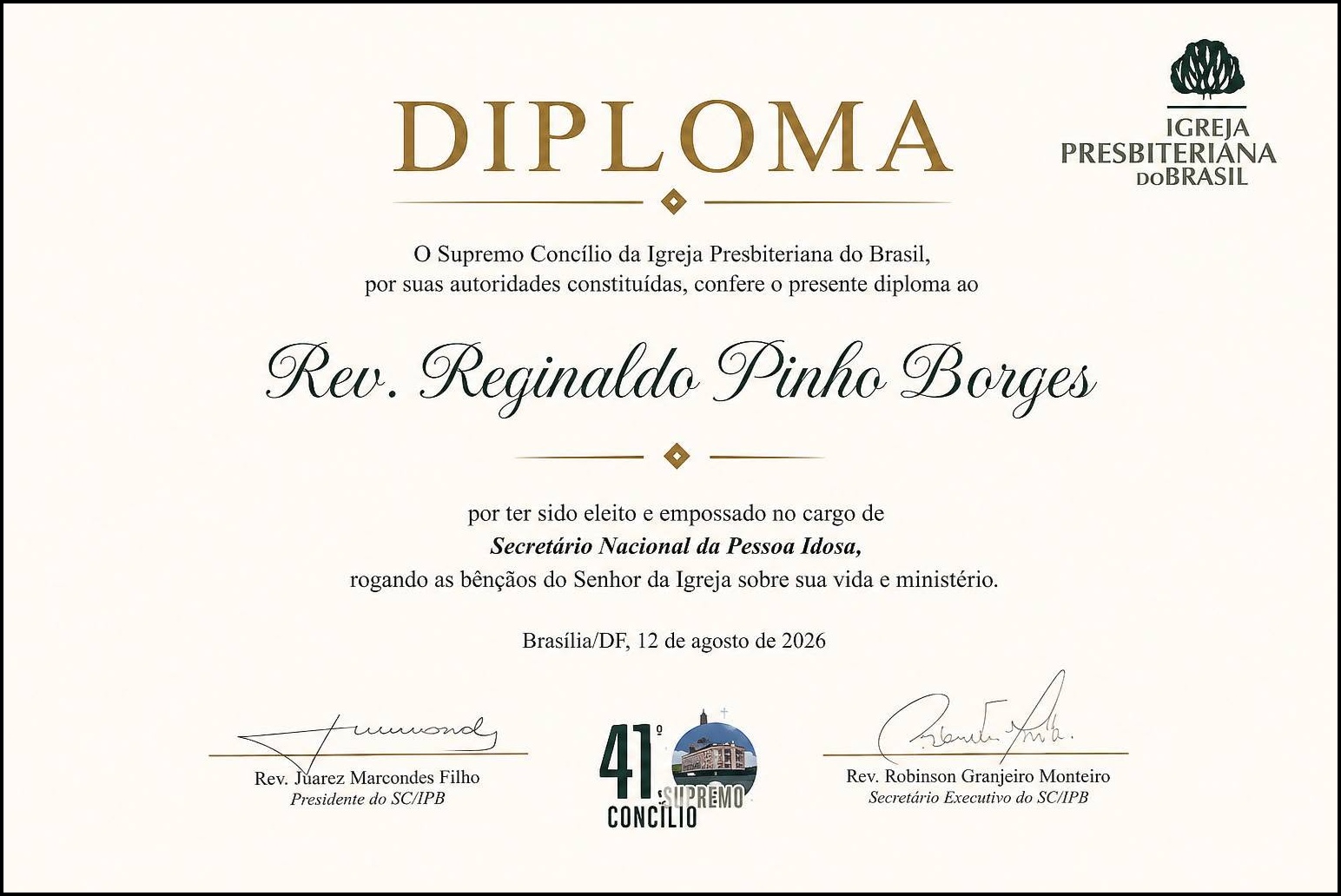 Certificação marca novo mandato do Rev. Pinho Borges na SNPI